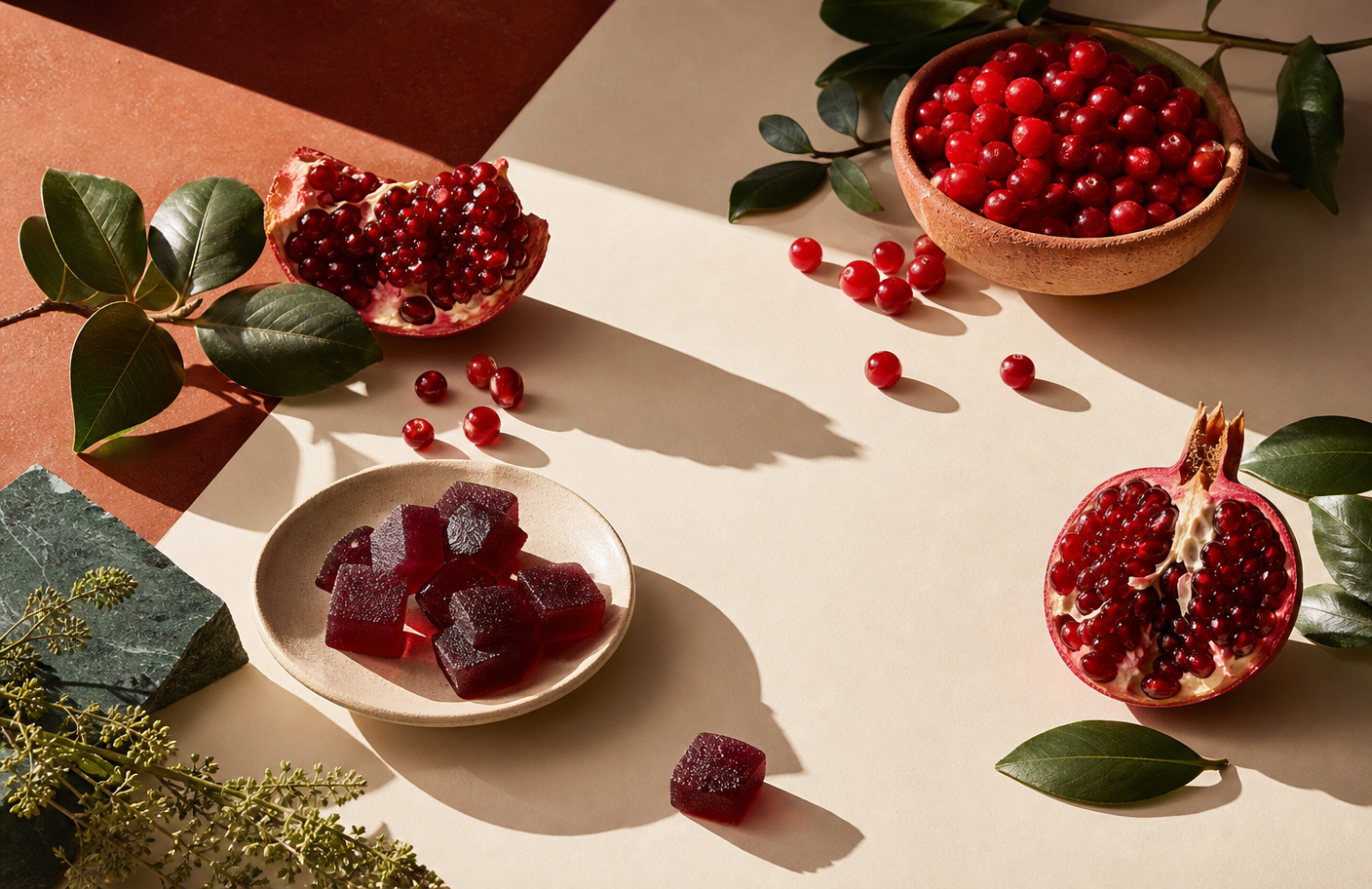 Red berries, pomegranate, leaves, and gummy pieces arranged in sunlight